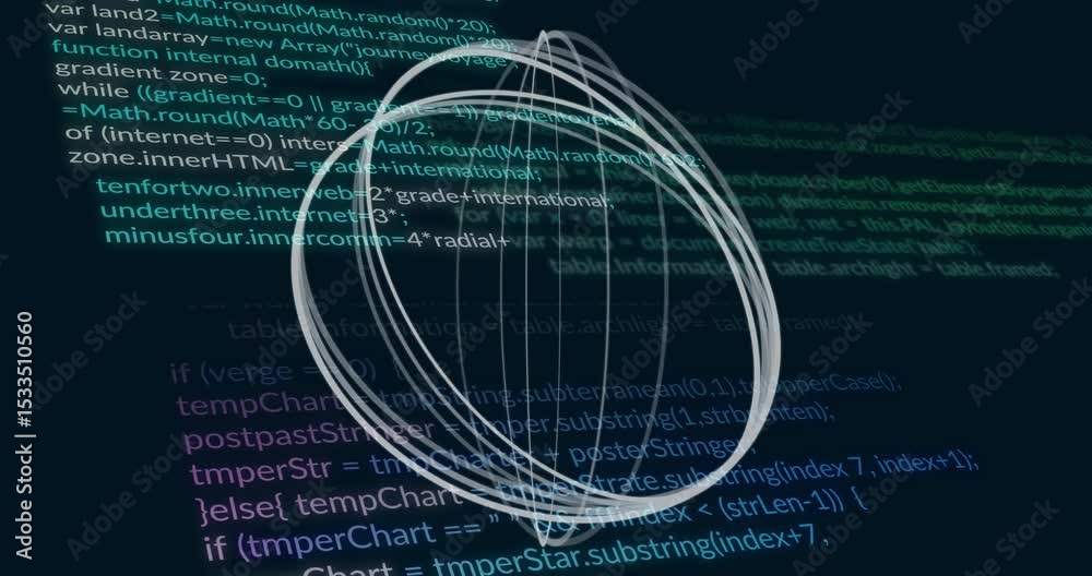 Poster initial circle initiating wireframe sphere rotating while code scrolling and updating code flow