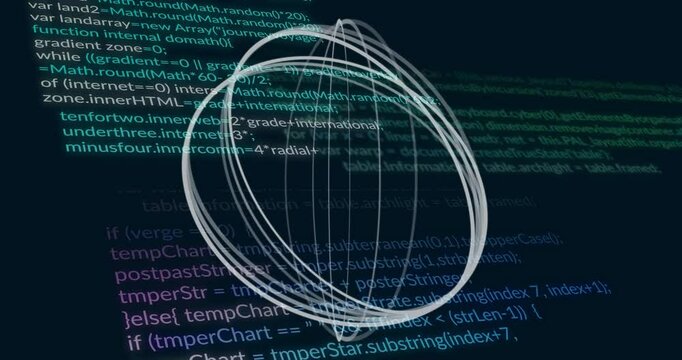 Initial circle initiating wireframe sphere rotating while code scrolling and updating code flow