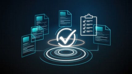 Digital validation process with illuminated checkmark and floating documents