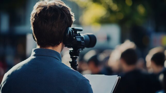Man filming a crowd with a professional camera on a tripod, holding a script.