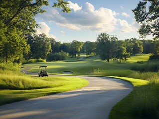 Golf cart path winding through scenic countryside course