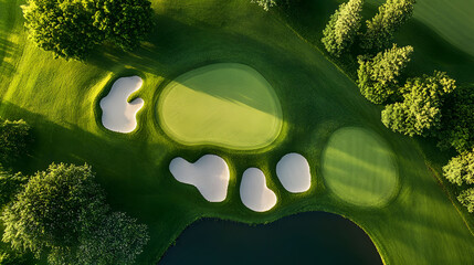 Aerial view of golf course holes with sand bunkers and water hazards