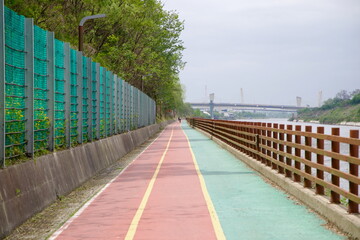 Bike Path Along Ara Waterway with Sicheon Bridge Ahead