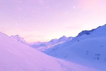 Fototapeten Snowy mountain range landscape with a pastel sky and falling snowflakes art © Golapi
