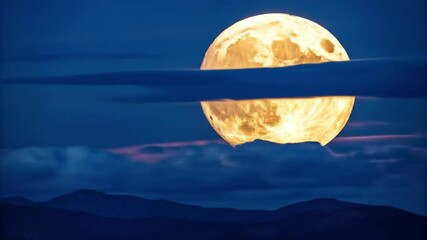 A luminous harvest moon ascends over a range of dark blue mountains, its golden light illuminating the purple and blue twilight sky