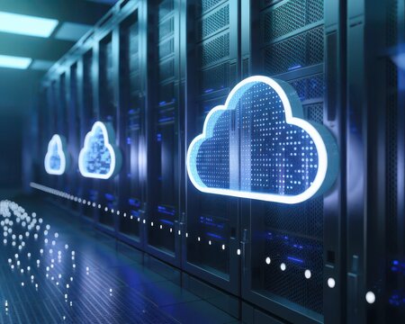 Digital data center illustrating the cloud computing network technology concept - Powered by Adobe