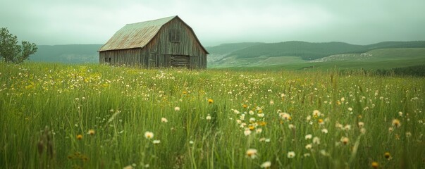 An old barn in the distance, surrounded by wildflowers and tall grasses, exuding rustic charm in a naturalistic landscape.