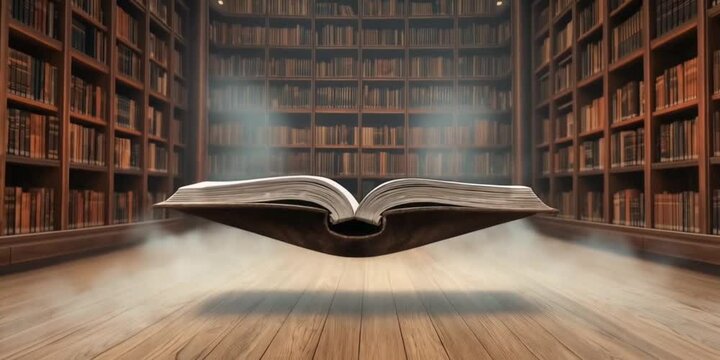 A blank screen laptop resting on top of a floating book in a magical library, design template with copy space for mockup., 4K Video