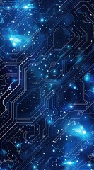 Circuit board pattern, blue background with white lines and glowing lights on the circuit patterns.
