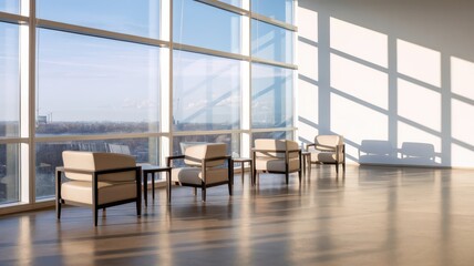 Minimalist waiting room with modern chairs and panoramic cityscape windows