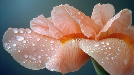 Close up of delicate pink iris flower with water droplets on its petals, showcasing its intricate texture and vibrant colors against soft blue background