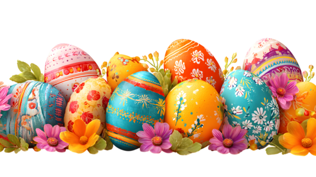 Decorative easter eggs with floral accents on a isolated on white transparent background PNG cutout 