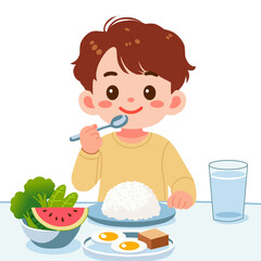 A cheerful cartoon boy eating healthy food at the dining table