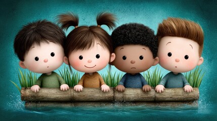 Adorable Cartoon Kids Floating on Log Raft in Charming Water Adventure Illustration