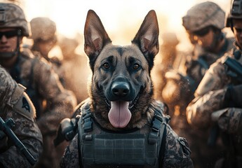 A photograph depicts a military dog wearing a vest, standing in the foreground. Behind the dog, soldiers can be seen walking. In the background