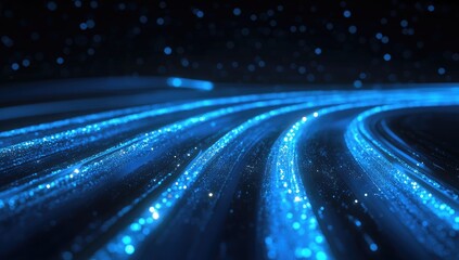 Blue, glowing light lines in the shape of an abstract highway on a dark background, representing a technology and internet concept.