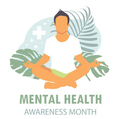 Man meditating in a yoga pose surrounded by nature and leaves. Mental Health Awareness Month