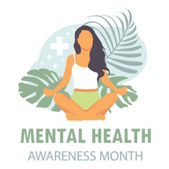 Woman meditating in a yoga pose surrounded by nature and leaves. Mental Health Awareness Month