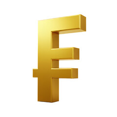 A 3D gold franc currency symbol on a transparent background, symbolizing value and finance.