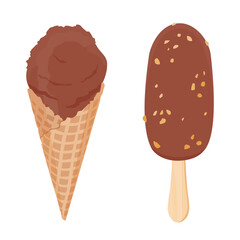 Tasty ice cream cone and popsicle with nut pieces and crunchy chocolate topping