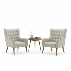 Two armchairs and a table isolated on white background. interior design and home decor use cases.