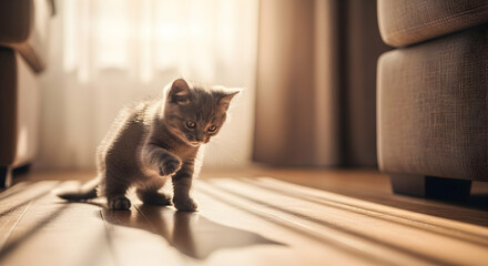 Adorable Gray Kitten Exploring Home Interior