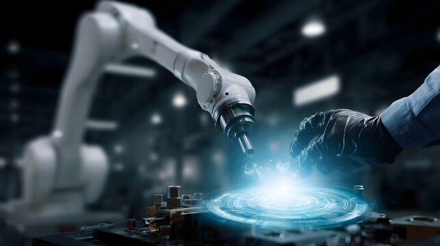 Robotic arm assembling parts while an engineer adjusts holographic interface