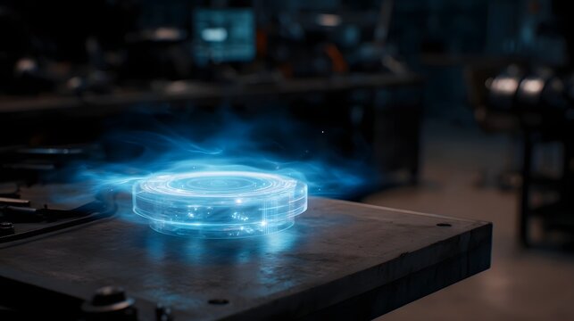Glowing hologram of a robotic component rotating in an engineering workspace