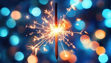Close-up of a sparkler burning on a blue bokeh background, a macro shot. The concept of joy and celebration for Christmas or other events.