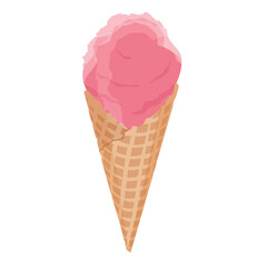 Strawberry ice cream scoop with a crisp waffle cone isolated on white background