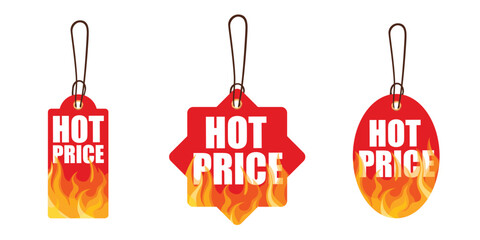 Vector set of flaming sale tags and hot offer stickers.