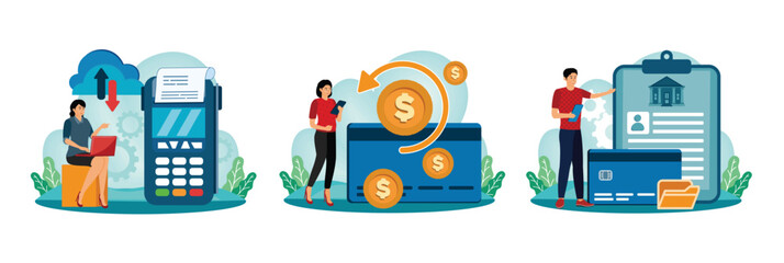 Cloud POS concept. Chargeback, woman receives money for paying for card. Cards on file .