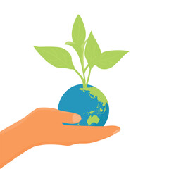 Hand holding globe earth with green sprout and leaves isolated on white background. Environment day. Earth day