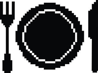 Pixel-style dinner set vector - Plate with fork & knife silhouette, EPS JPEG PNG