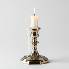Burning candle in vintage candlestick isolated on white background. use cases: decoration, religion, celebration.