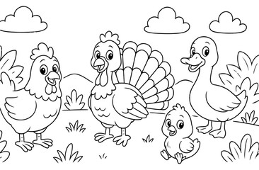 Coloring page of poultry themes such as chickens, birds, ducks for kids coloring book