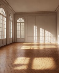 Obraz premium Sunlit empty room with herringbone floors, arched windows, and classical molding, exhibiting a calm, elegant atmosphere
