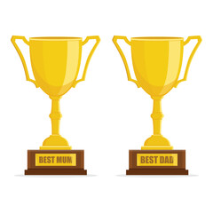 Golden trophy cups with Best Mum and Best Dad