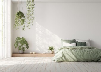 Sunlit minimalist bedroom with sage green bedding, wood platform, and hanging/potted plants