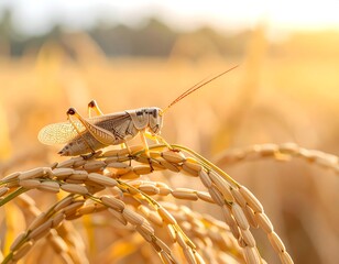 photograph of a locust sitting on dry rice stalks in a clear field, natural lighting, shallow depth of field, agricultural context, minimal clutter