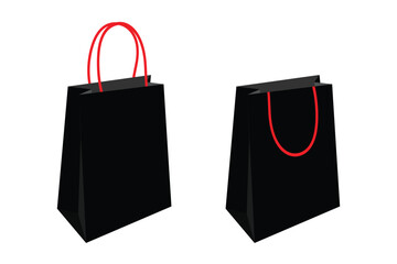 Black paper shopping bag with red handles isolated on white background