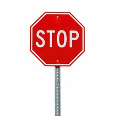 Red stop sign isolated on white background for traffic safety and regulation use.