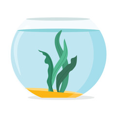 Empty cartoon fishbowl icon. Fishbowl aquarium with sand and algae plant, isolated on white background. Glass fishbowl filled with clear water, plant and decorative sand. Vector illustration