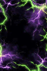Vibrant lightning storm with purple and green hues illuminating a dark background