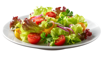 Fresh and vibrant salad with tomatoes lettuce onions and parsley on a white plate isolated on white transparent background PNG cutout