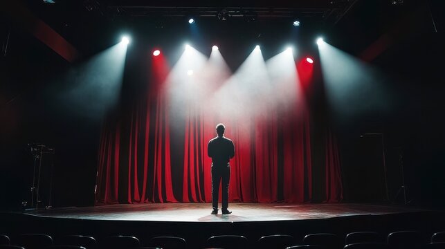A lone figure stands center stage, bathed in dramatic lighting before a red curtain.