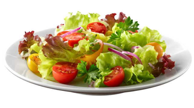 Fresh and vibrant salad with tomatoes lettuce onions and parsley on a white plate isolated on white transparent background PNG cutout