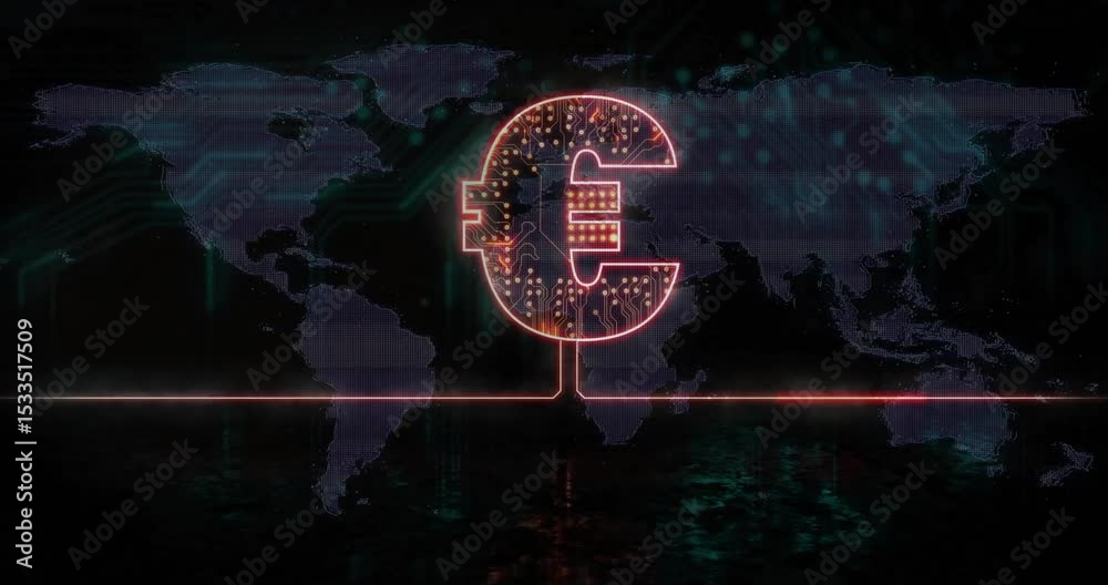 Poster map loading causing euro symbol fading red line tracing circuits cascading showing digital finance