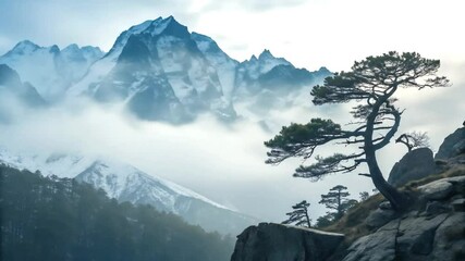 A lone windswept pine clings to a rocky outcrop, overlooking a breathtaking panorama of snowcapped mountains veiled in ethereal mist - Powered by Adobe