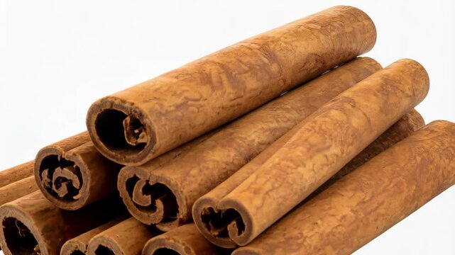 Close-up of stacked cinnamon sticks against a white background, aromatic spice for baking and cooking, food photography, ingredients.